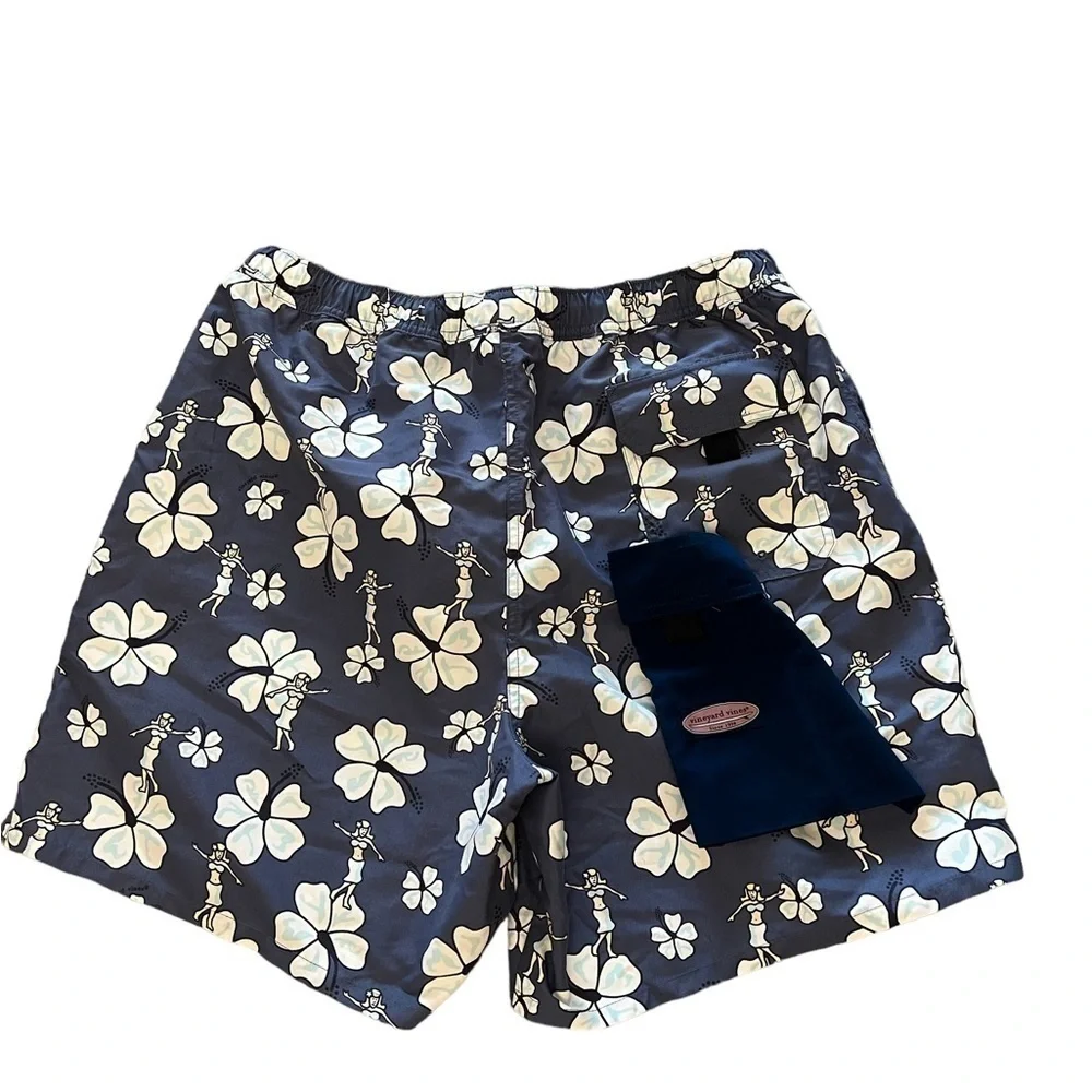 NWOT Vineyard Vines blue Hawaii Hulu floral swim trunks w/ storage pouch